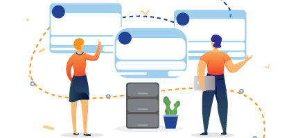 illustration of people looking at digital boxes