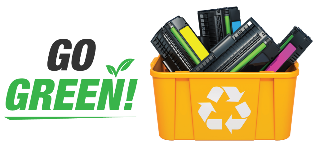 go-green-recycling-bin | Copy Systems Inc. Go green with recycling bin full of toner cartridges