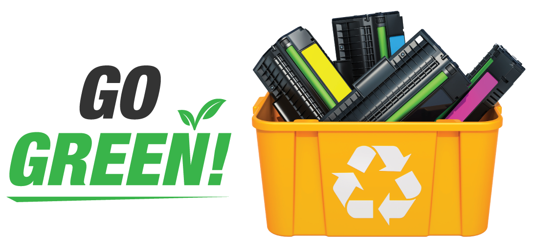 Go green with recycling bin full of toner cartridges