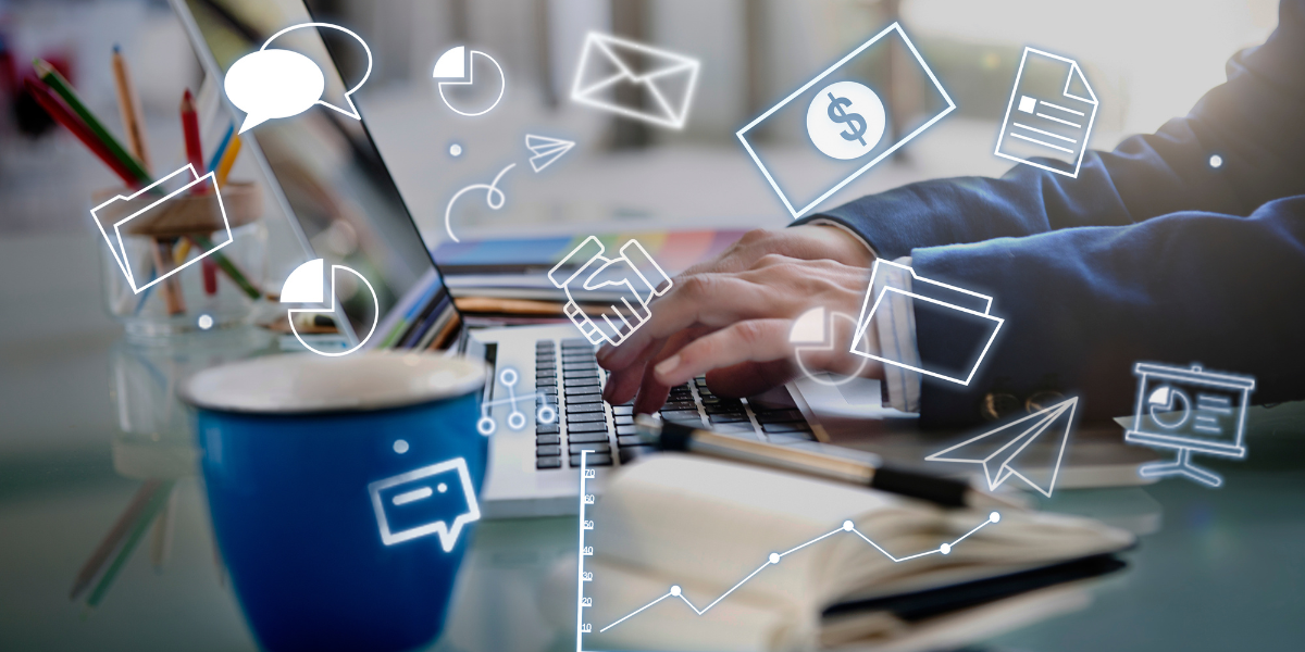 person typing on computer with overlay of digital business icons