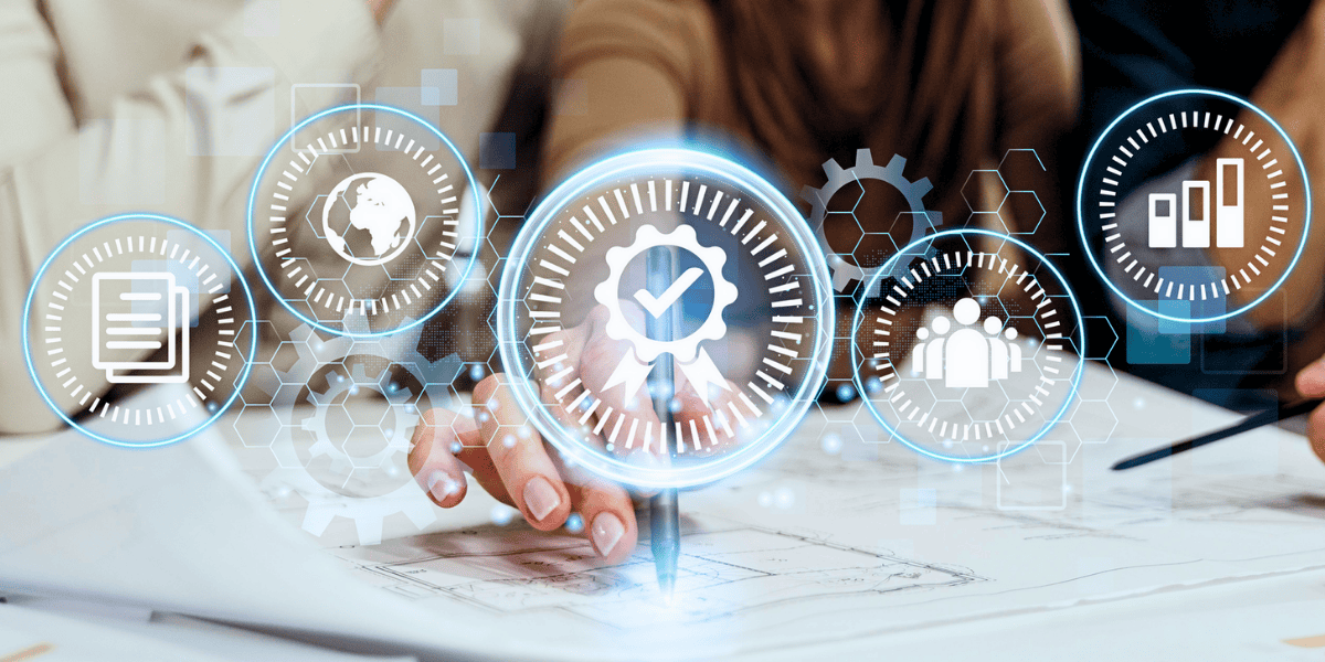 people pointing at documents with digital icons overlaying image