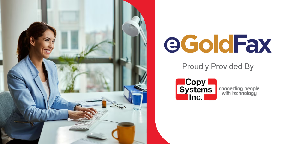 one side woman smiling at her computer other side eGoldFax and CSI logos